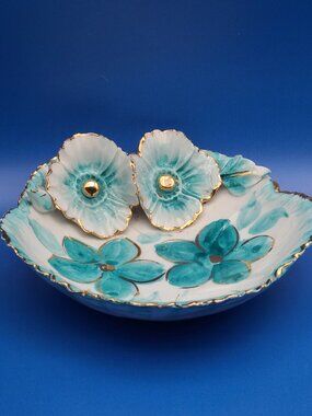 Vintage Italy Floral Pottery Bowl Dish Turquoise White Gold Gilding 6.5" Diam